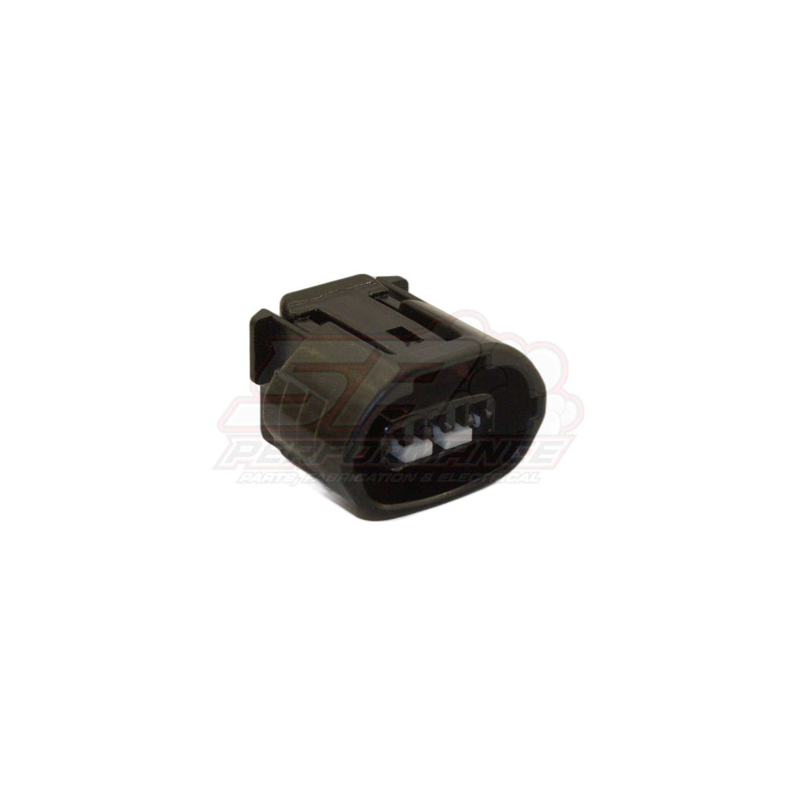 Denso 3-pin alternator connector angled view showing black moulded housing with visible terminal contacts and locking tab