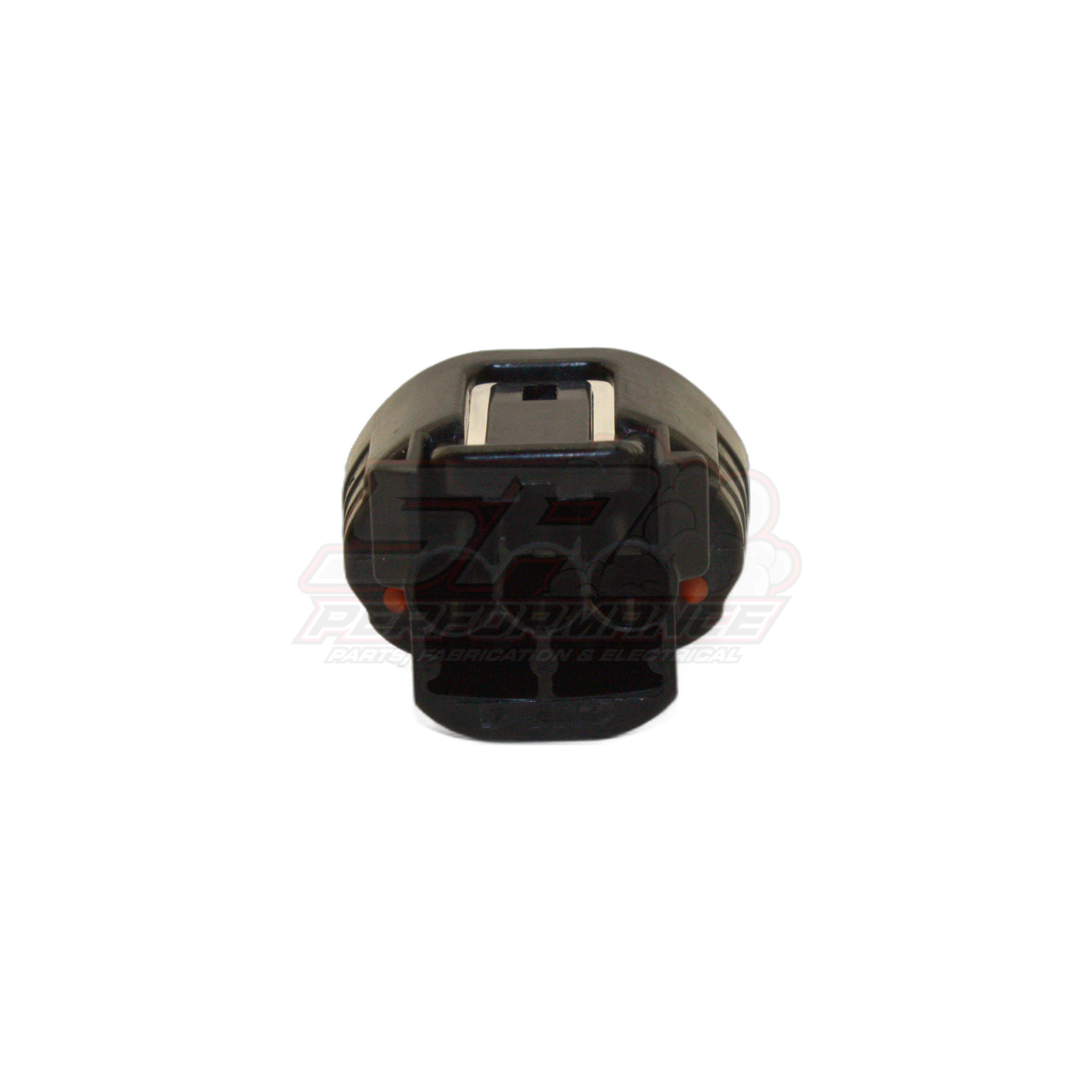 Front view of Denso 3-pin alternator connector showing black housing with white locking tab and three terminal positions