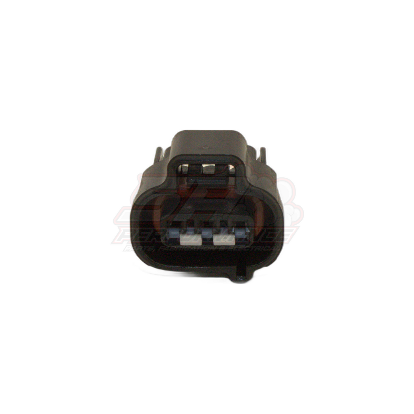 Front view of Denso 3-pin black connector housing showing female terminal ports and locking tabs for crank cam speed sensors