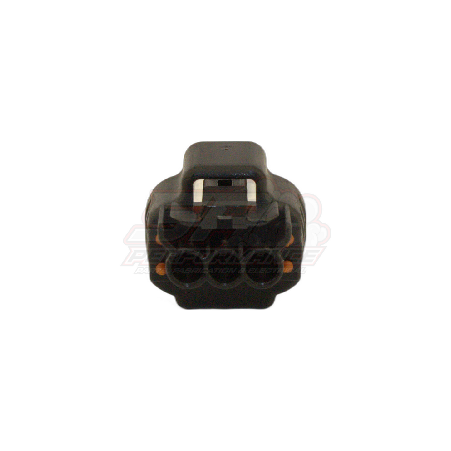 Front view of Denso 3-pin sensor connector housing showing black plastic body with three circular terminal cavities and orange seals