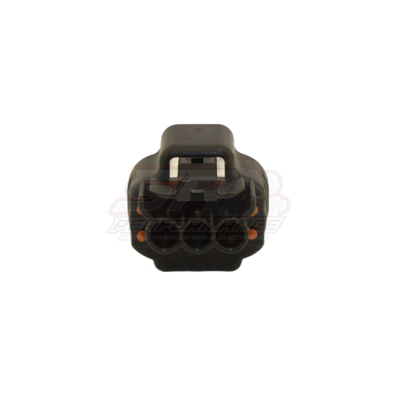 Front view of Denso 3-pin sensor connector housing showing black plastic body with three circular terminal cavities and orange seals