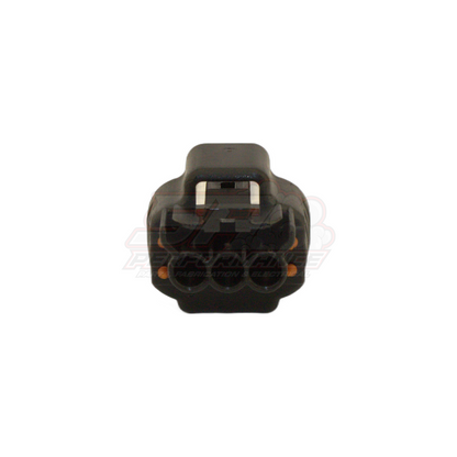 Front view of Denso 3-pin sensor connector housing showing black plastic body with three circular terminal cavities and orange seals