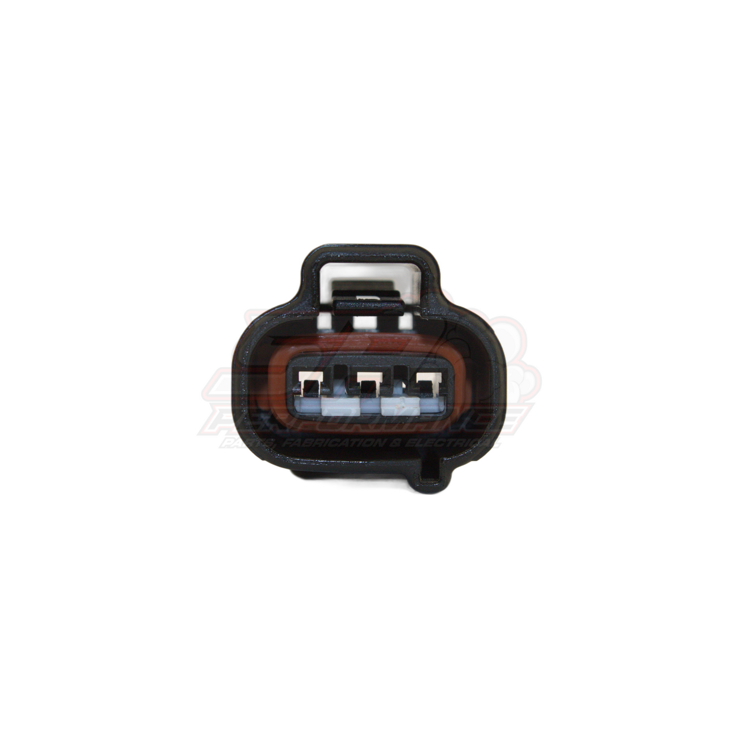 Front view of Denso 3-pin connector with black housing, brown seal and three visible terminals for crank cam speed sensors