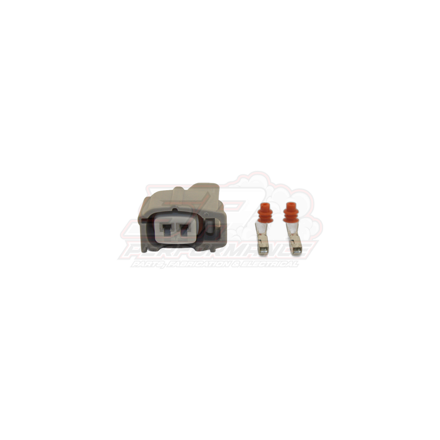 Grey Denso 2-pin injector connector housing with two gold crimp terminals and red rubber seals for Nissan Toyota Mitsubishi