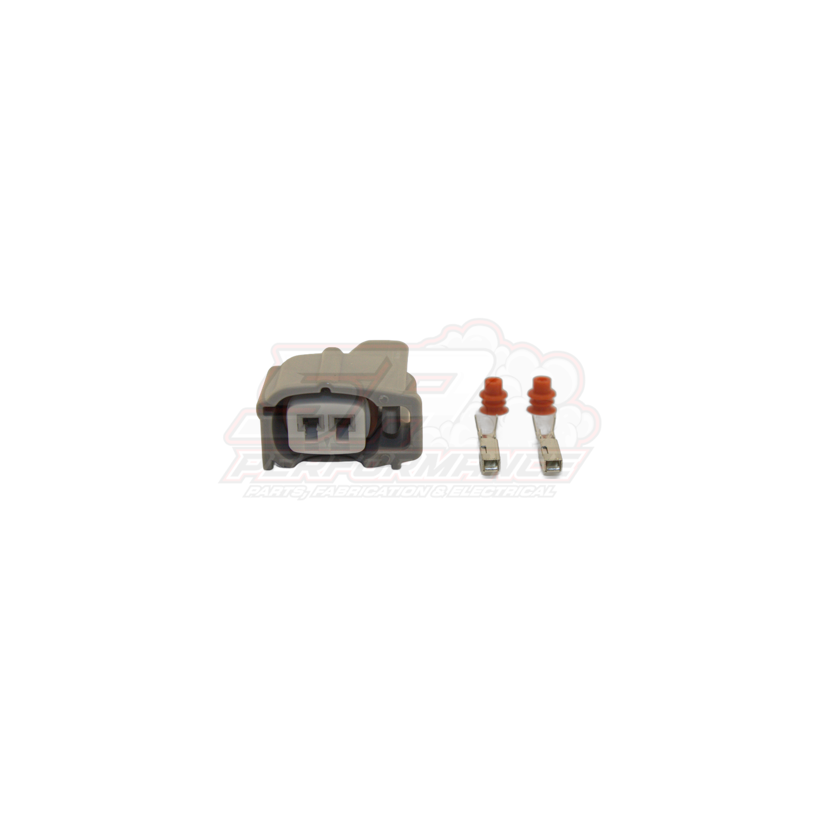 Grey Denso 2-pin injector connector housing with two gold crimp terminals and red rubber seals for Nissan Toyota Mitsubishi