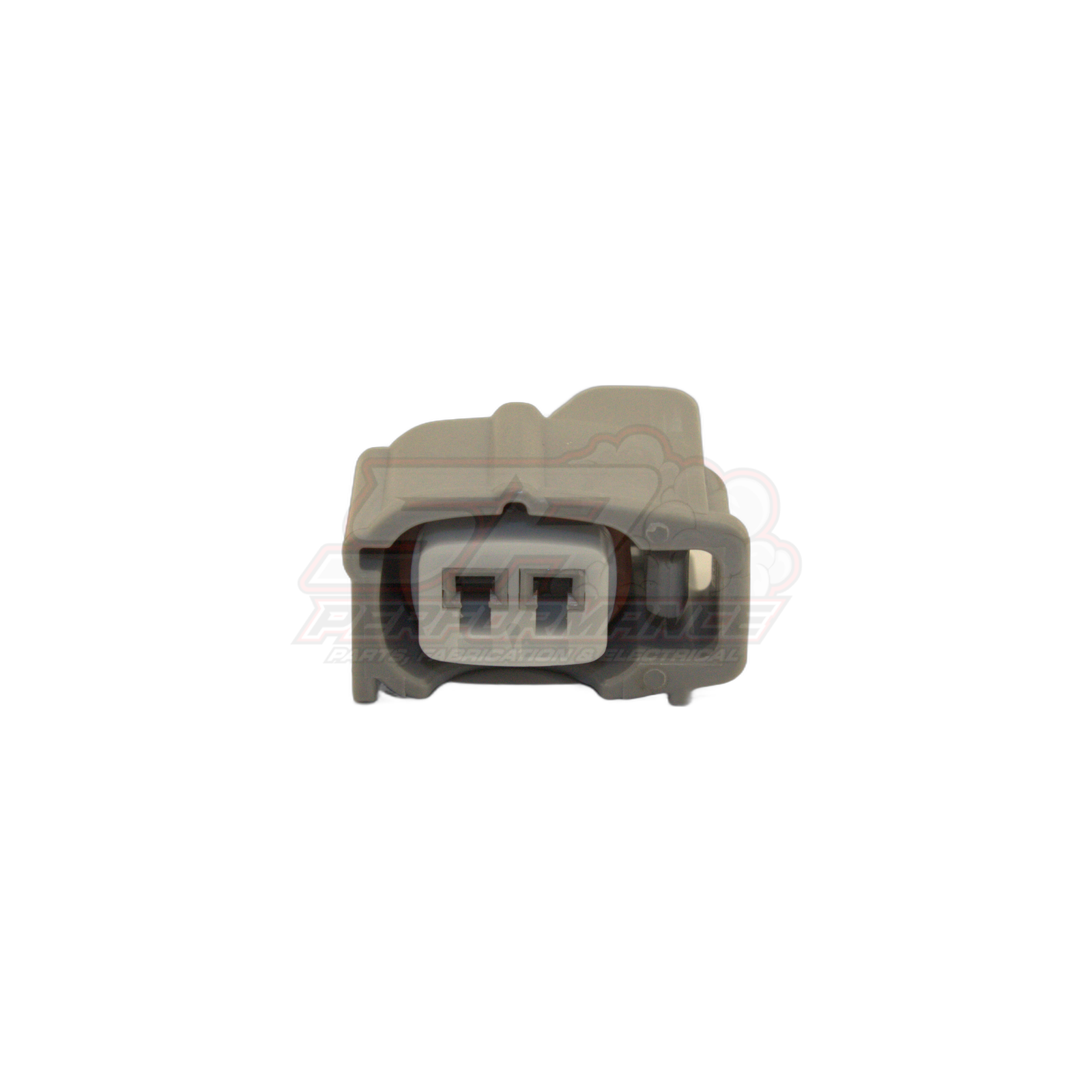 Denso 2-pin injector connector front view showing grey housing with two rectangular terminal slots and brown seal for Nissan Toyota Mitsubishi