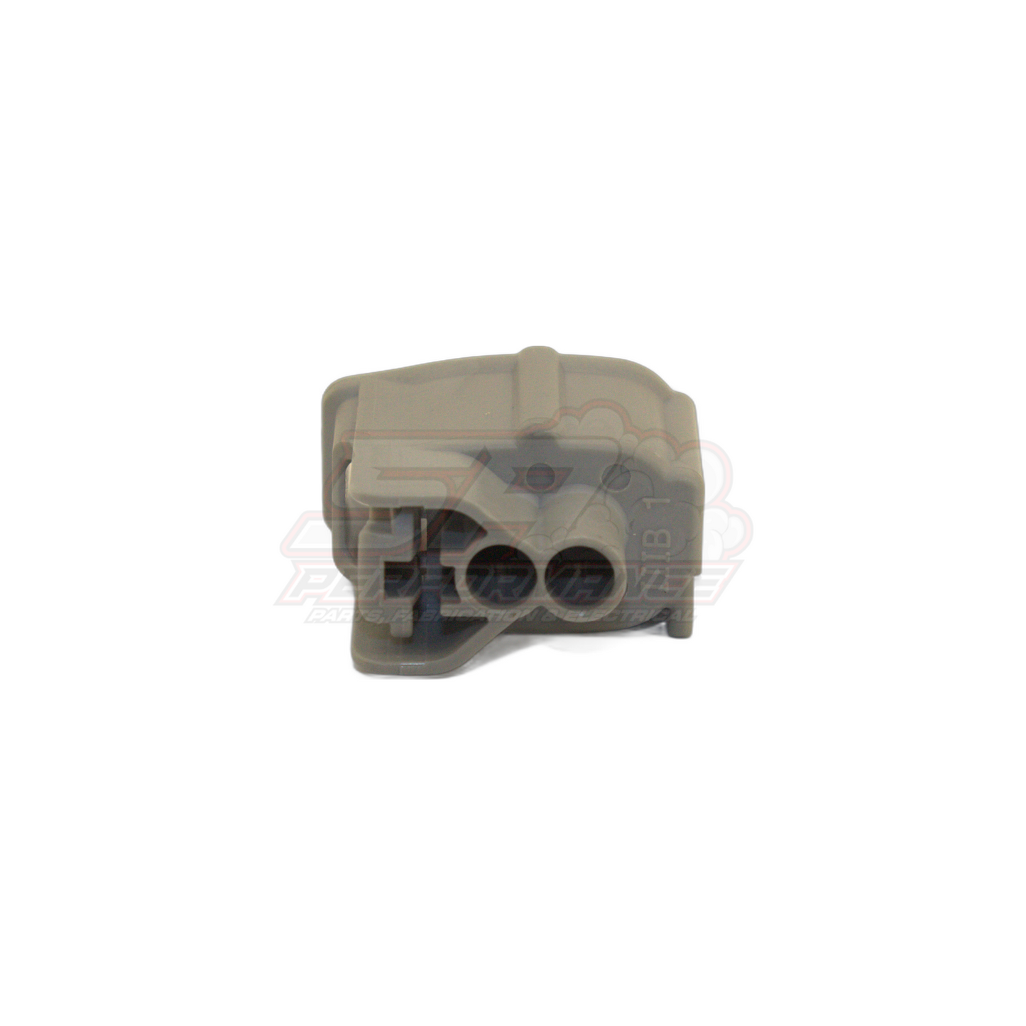 Grey Denso 2-pin injector connector front view showing two circular terminal openings and locking tab for Nissan Toyota Mitsubishi fuel injectors