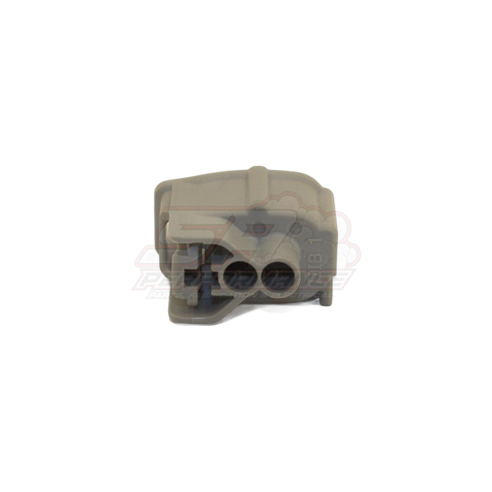Grey Denso 2-pin injector connector front view showing two circular terminal openings and locking tab for Nissan Toyota Mitsubishi fuel injectors