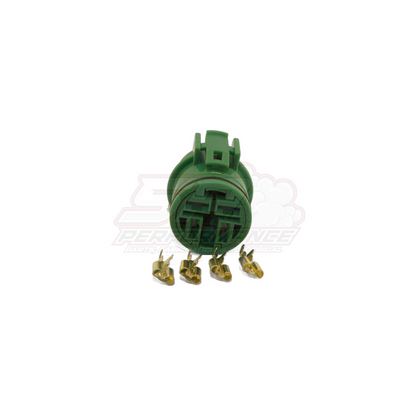 Denso 4 pin green round connector housing with four brass terminals displayed below, front view showing pin cavity layout