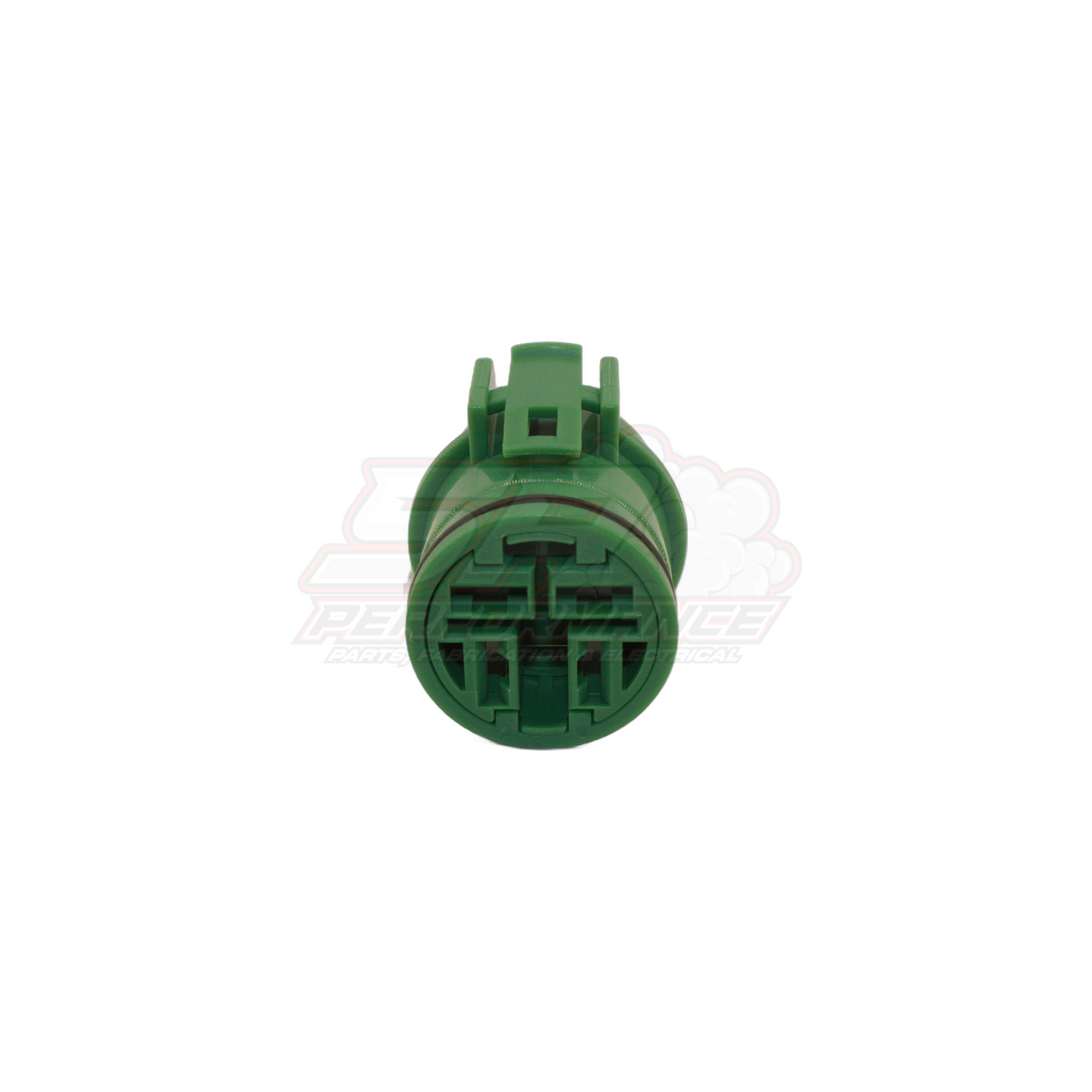 Front view of Denso 4-pin green round connector showing circular terminal layout with locking tabs for late model alternators