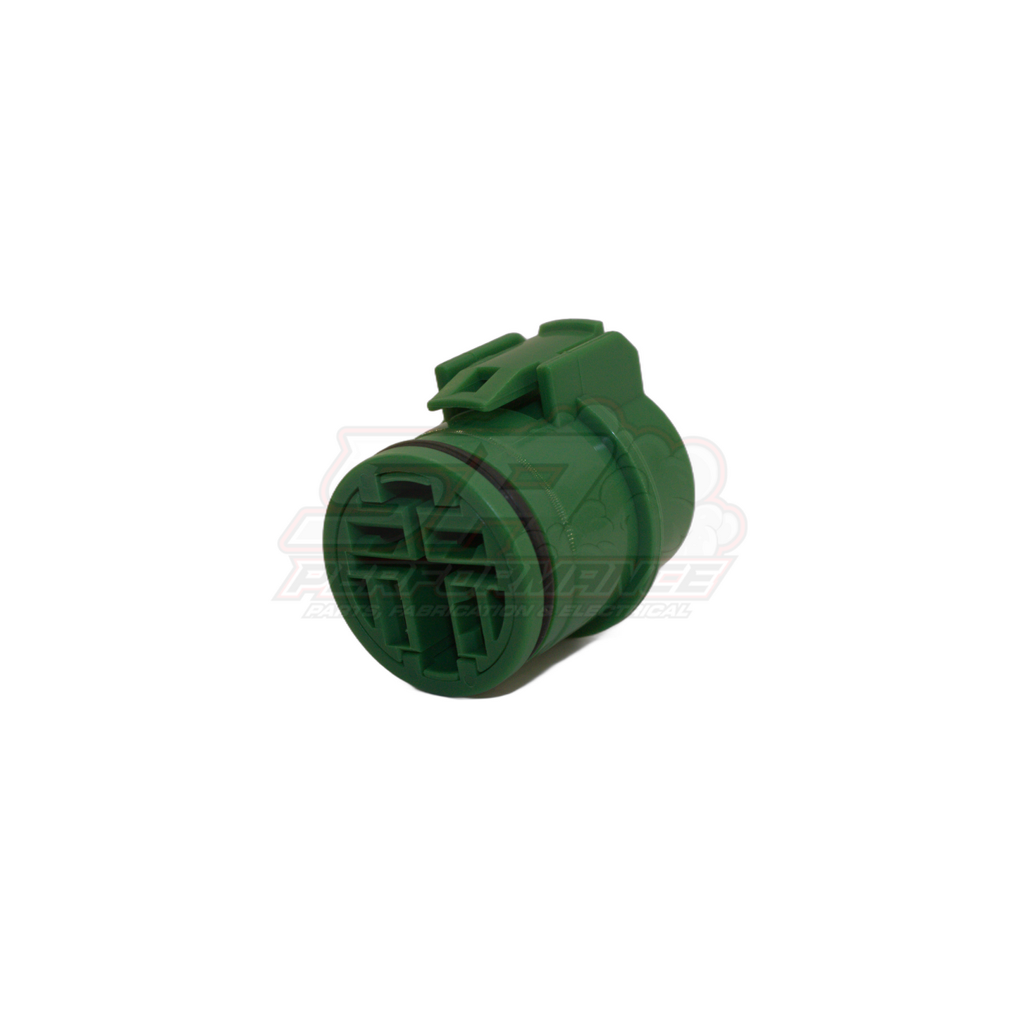Denso 4 pin green round alternator connector angled view showing internal terminal cavities and locking tab