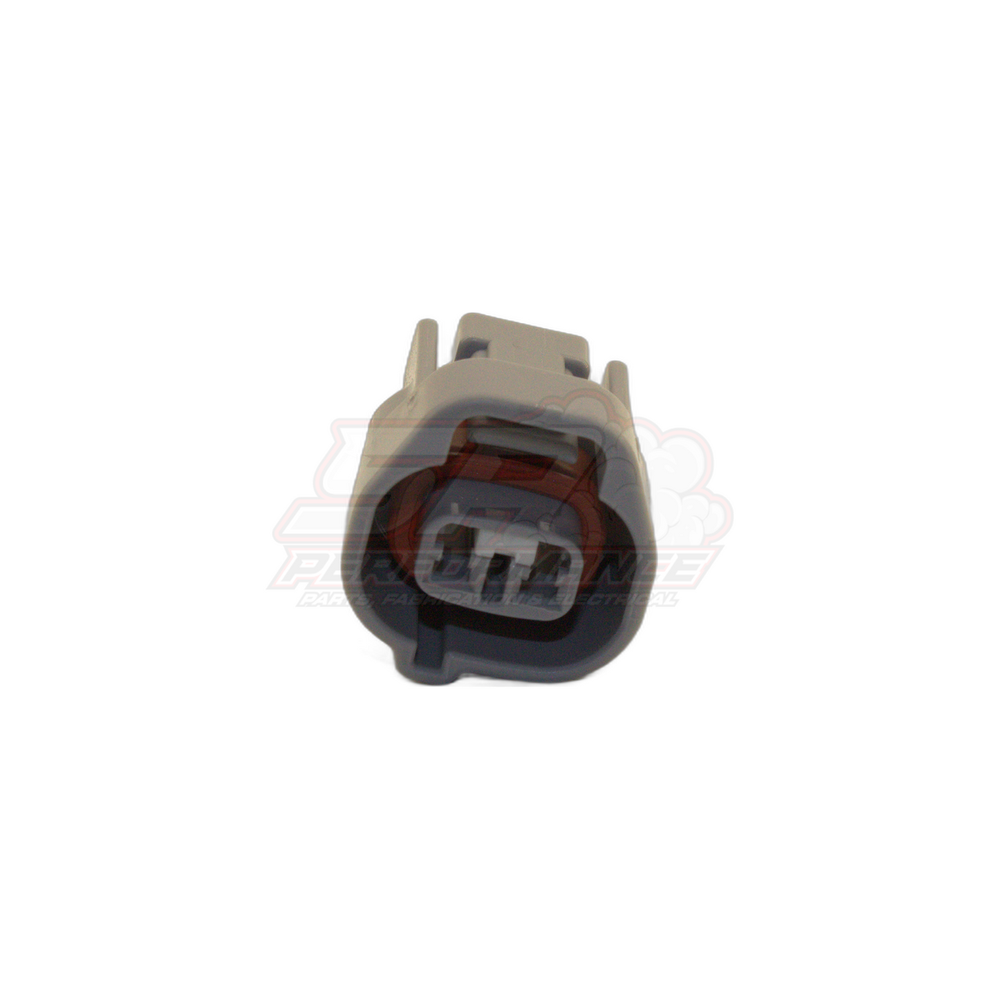 Front angled view of 2-pin Denso left guide connector housing in grey with brown seal and visible terminal slots
