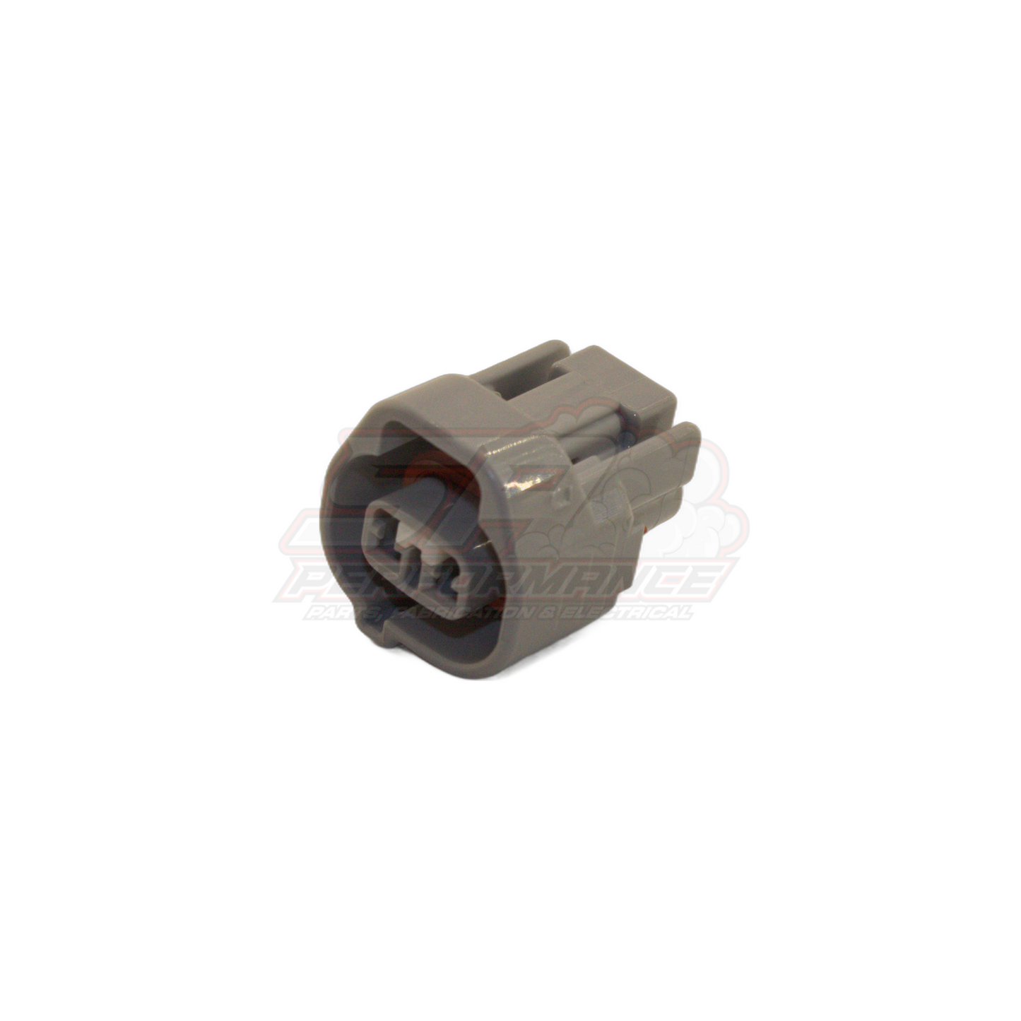 Grey 2-pin Denso left guide connector housing angled front view showing internal terminal cavities and side locking tab