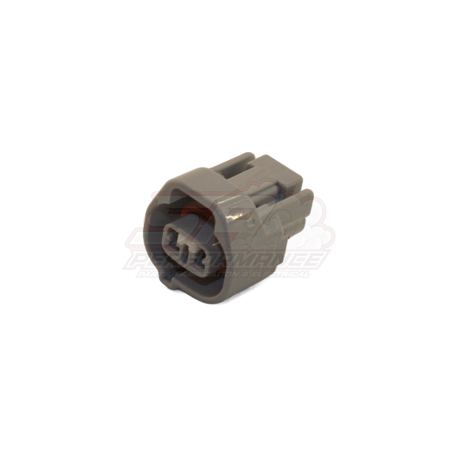 Grey 2-pin Denso left guide connector housing angled front view showing internal terminal cavities and side locking tab
