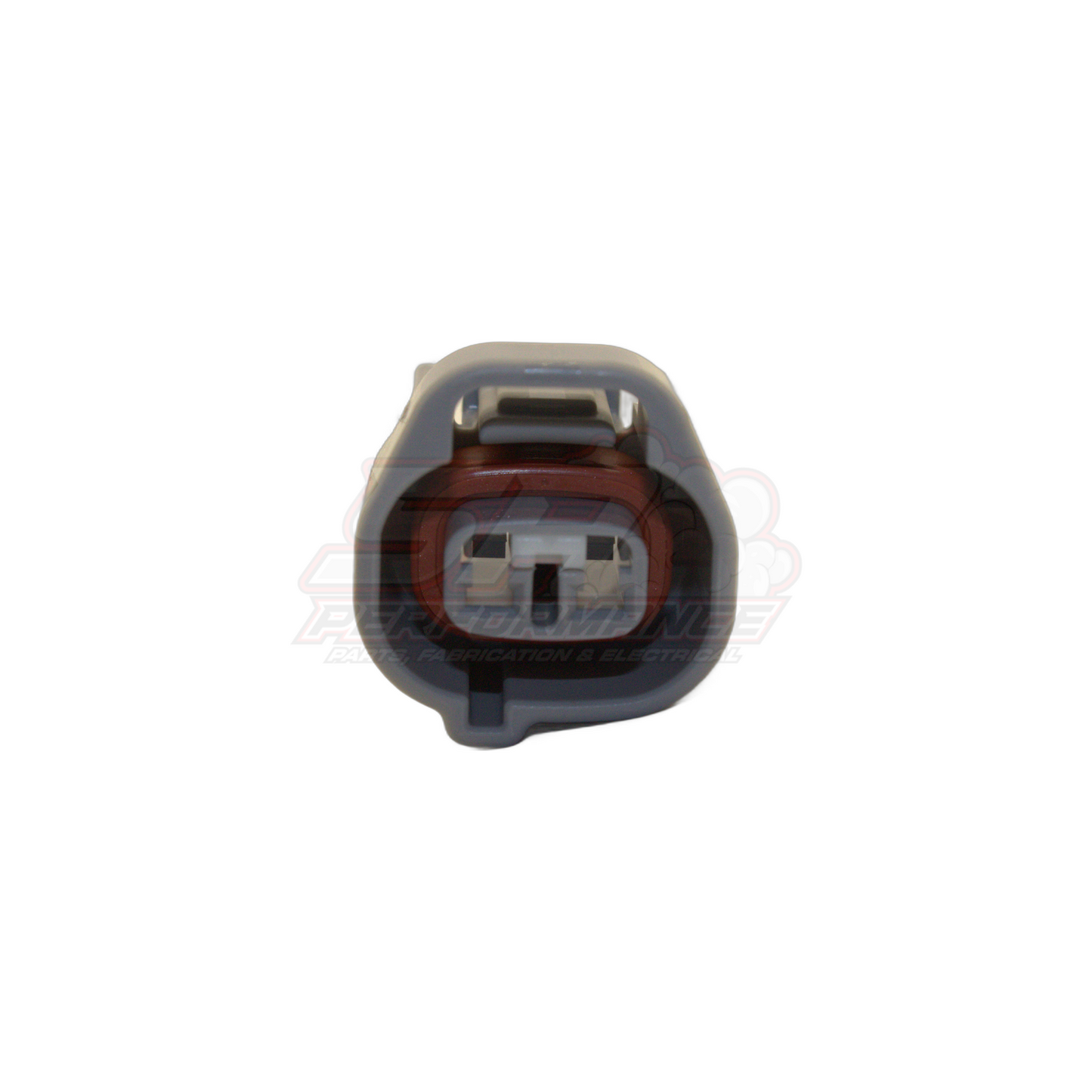 Front view of 2-pin Denso left guide connector housing showing grey body with brown seal and dual terminal slots