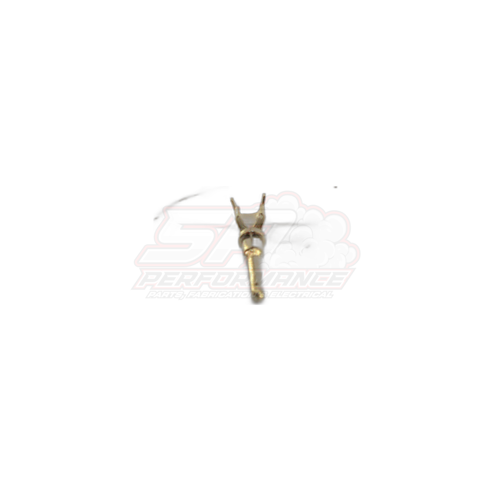Deutsch DT male open barrel band terminal in brass finish front view showing forked crimp tabs and pin contact for 14-20 AWG wire