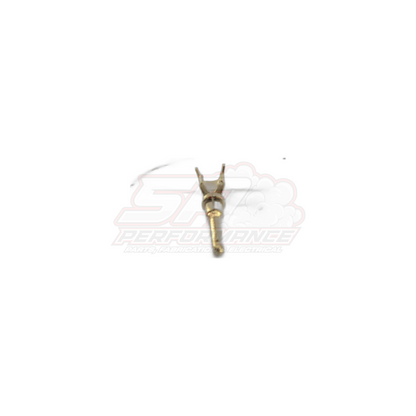 Deutsch DT male open barrel band terminal in brass finish front view showing forked crimp tabs and pin contact for 14-20 AWG wire