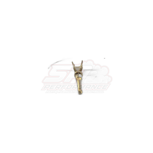 Deutsch DT male open barrel band terminal in brass finish front view showing forked crimp tabs and pin contact for 14-20 AWG wire