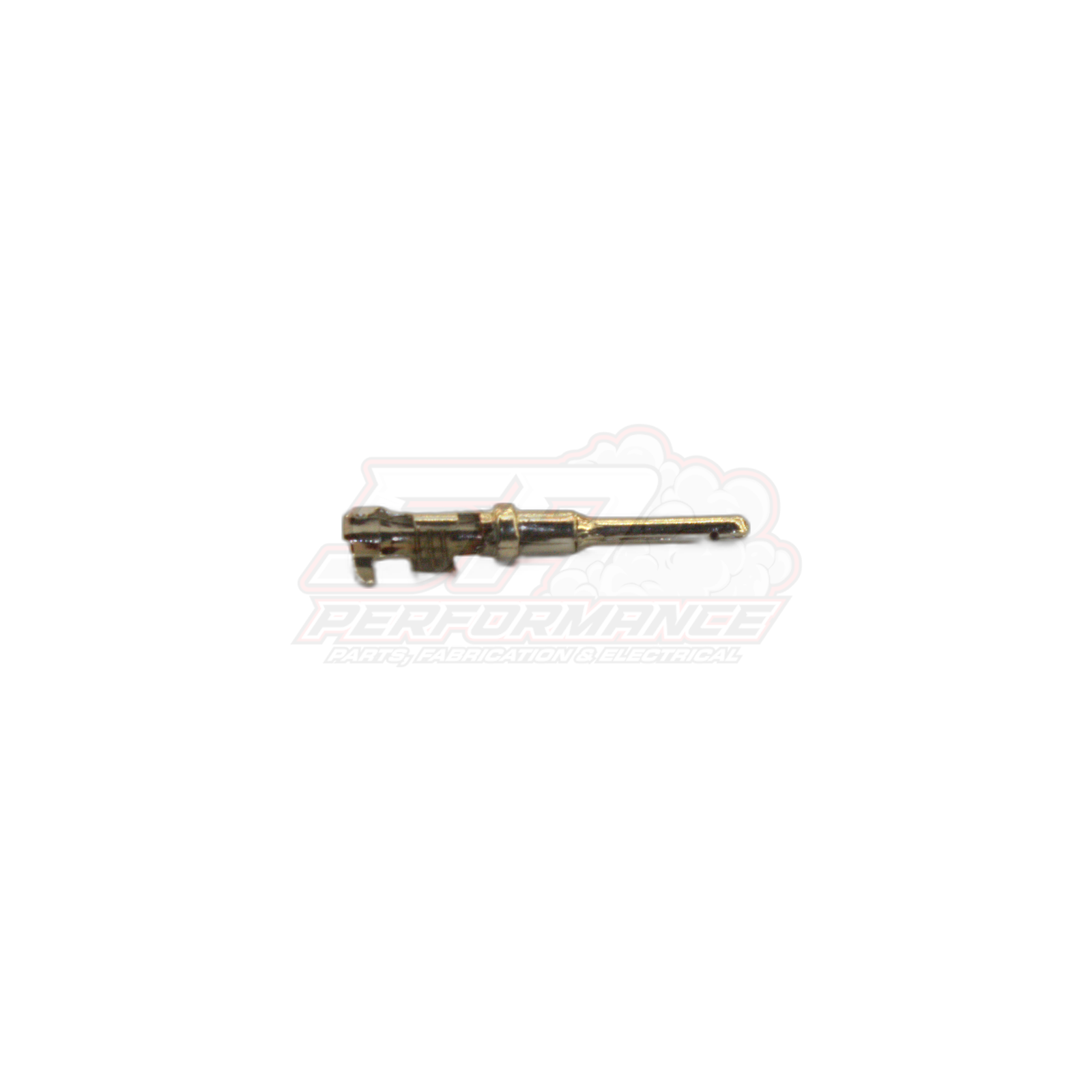 Side view of brass Deutsch DT terminal with crimped wire tabs and male pin contact for 12-pin connector kit