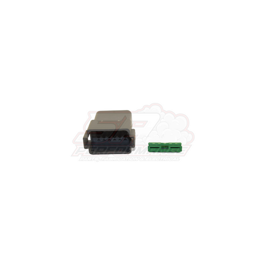 Deutsch DT04-12P-A 12-pin female housing with grey connector and green wedge lock shown side by side