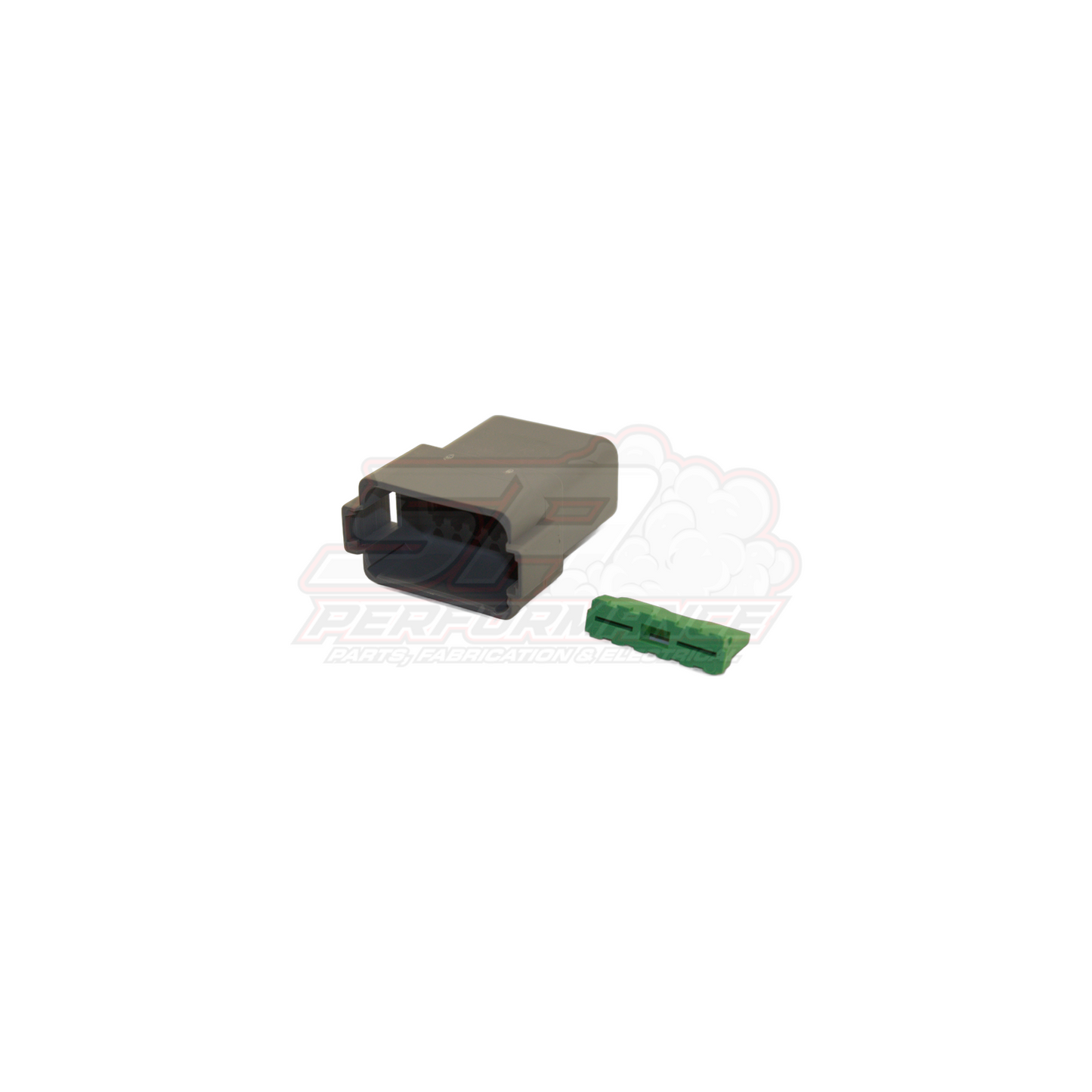 Grey 12-pin Deutsch DT male connector housing with black rubber seal and green wedge lock, angled view