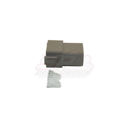 Deutsch DT04-12P(A) 12-pin female housing in grey with wedge lock, front angled view showing pin cavities and keyway orientation