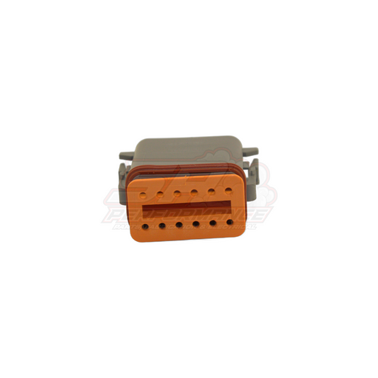 Deutsch DT06-12SA 12-pin male connector housing in orange with grey wedge lock, front angled view showing 12 socket cavities