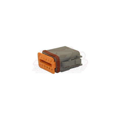 Deutsch DT06-12S-A 12-pin male connector housing with grey body and orange 12-position socket insert showing A keyway orientation