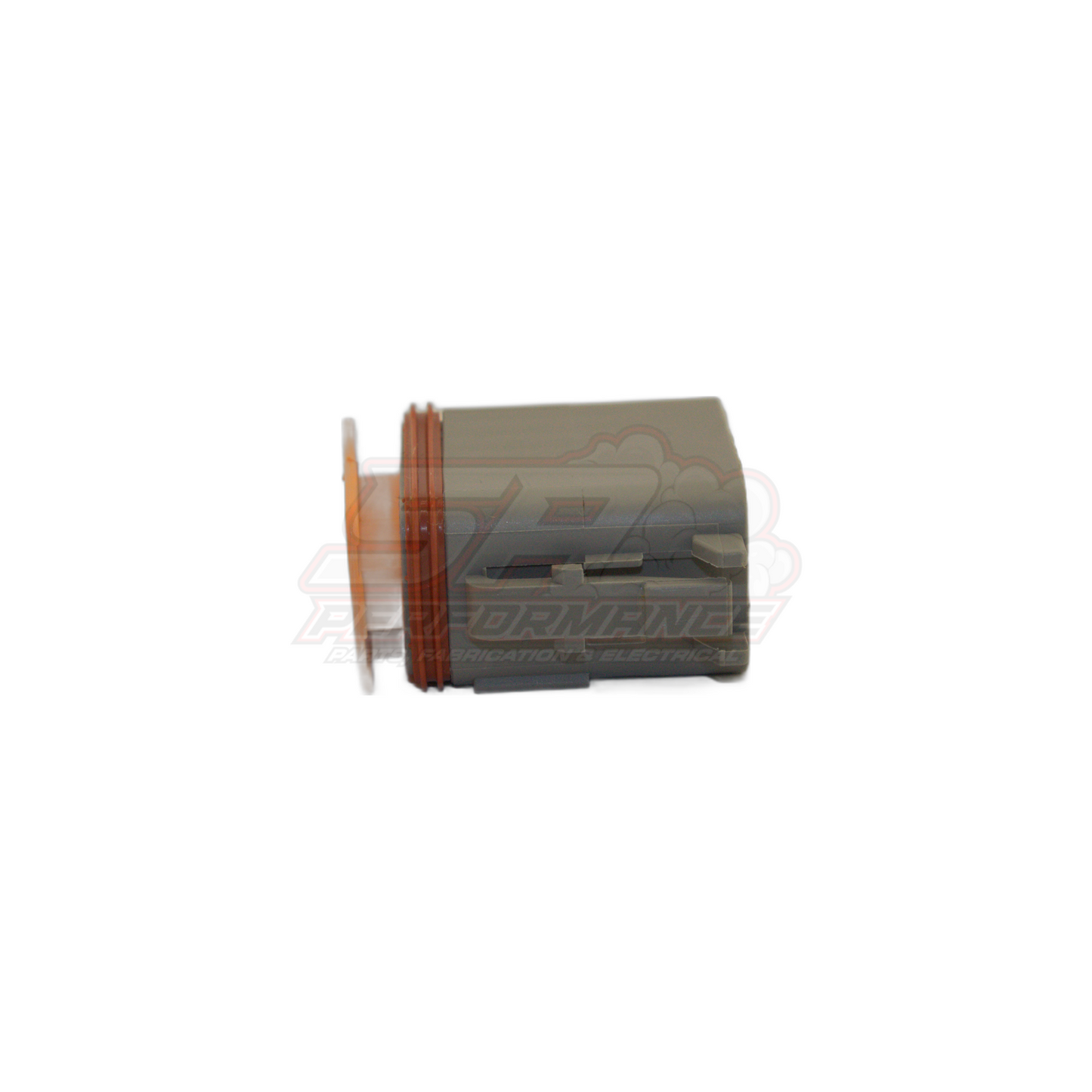 Grey Deutsch DT06-12S(A) 12-pin male connector housing with orange wedgelock seal, side view showing socket cavities and A keyway