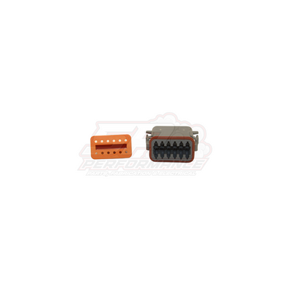 Front view of orange male and grey female Deutsch DT 12-pin connector housings DT06-12S-A and DT04-12P-A showing pin and socket arrangements