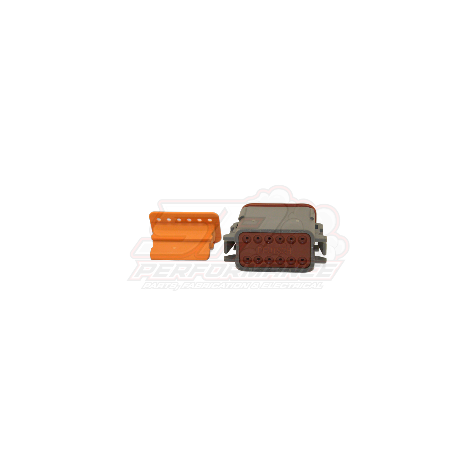 Deutsch DT 12-pin connector kit showing orange male housing DT06-12S-A and brown female housing DT04-12P-A with visible terminal cavities