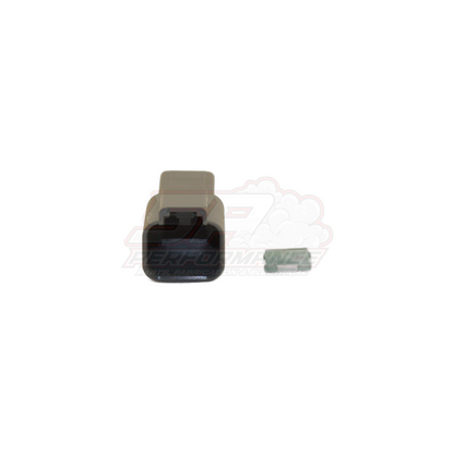 Deutsch DT04-2P 2-pin female connector housing grey with black terminal cavity and wedge lock shown alongside