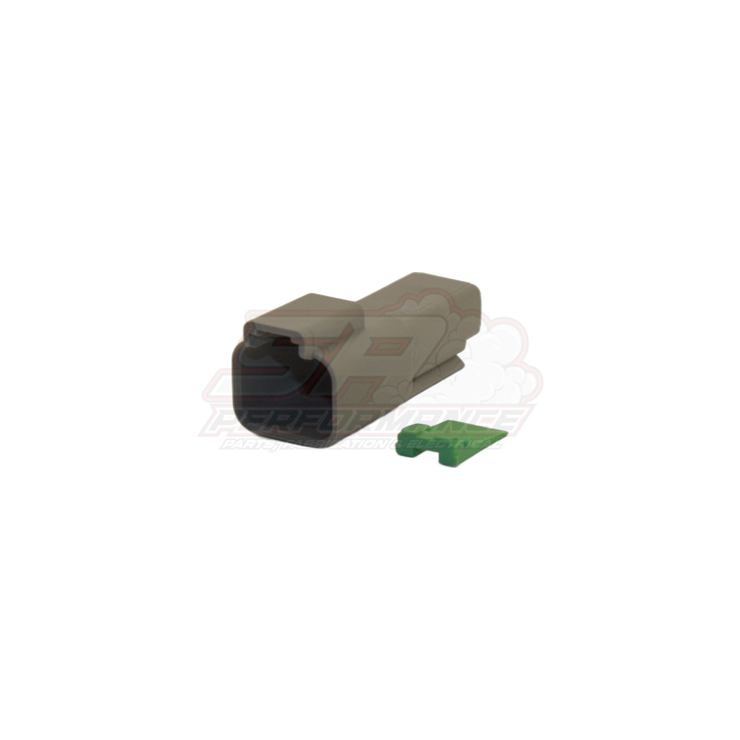 Grey Deutsch DT04-2P 2-pin female housing angled view showing black terminal cavity and green wedge lock beside it