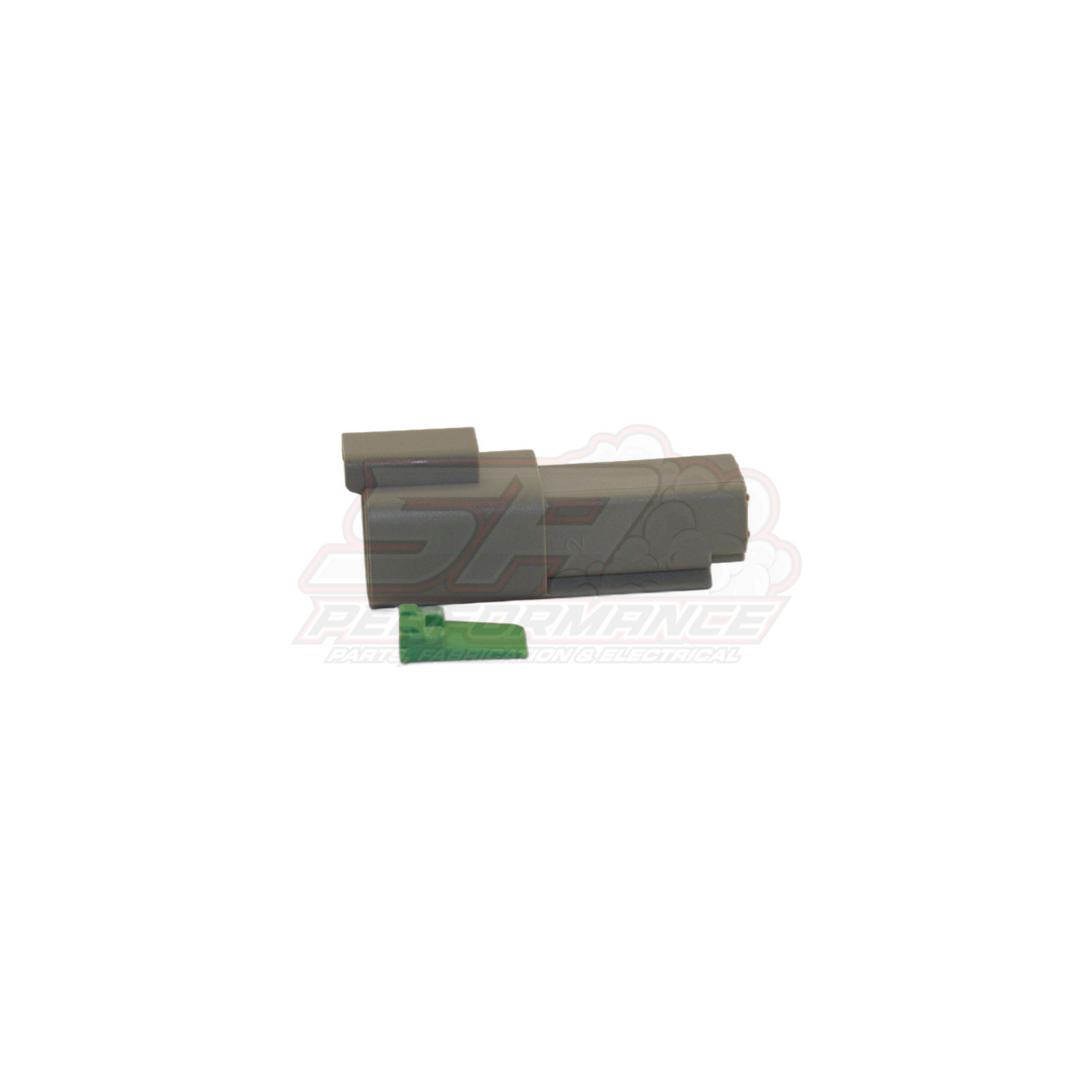 Grey Deutsch DT 2 pin male housing with green band terminal shown separately on white background