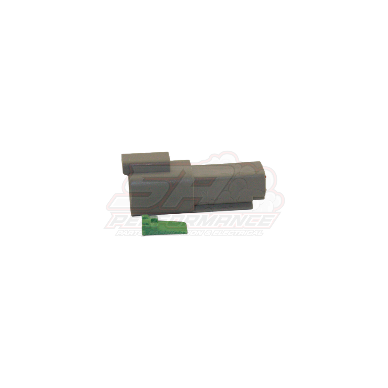 Grey Deutsch DT 2 pin male housing with green band terminal shown separately on white background