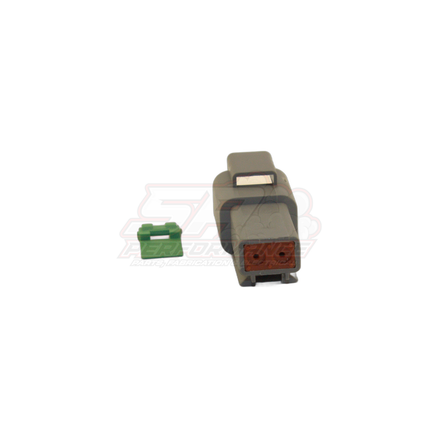 Deutsch DT06-2S 2-pin male connector grey housing with orange wedgelock and green solid band terminal shown separately