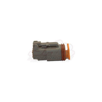 Deutsch DT06-2S 2-pin male housing side view showing grey connector body with orange and brown seals fitted
