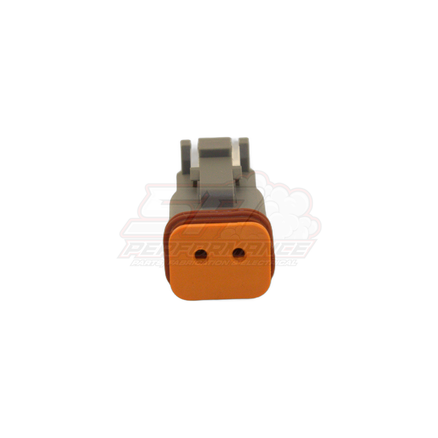 Front view of orange Deutsch DT 2-pin male housing DT06-2S with grey wedge lock and two terminal cavities visible