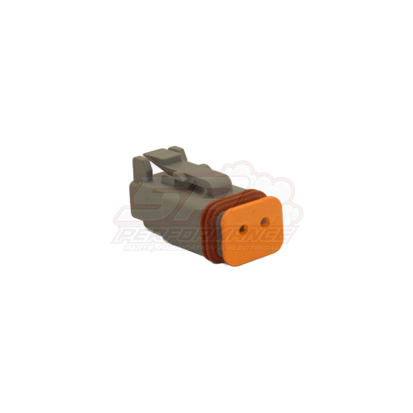 Angled view of Deutsch DT06-2S 2-pin male housing in grey with orange seal retainer and brown wedge lock