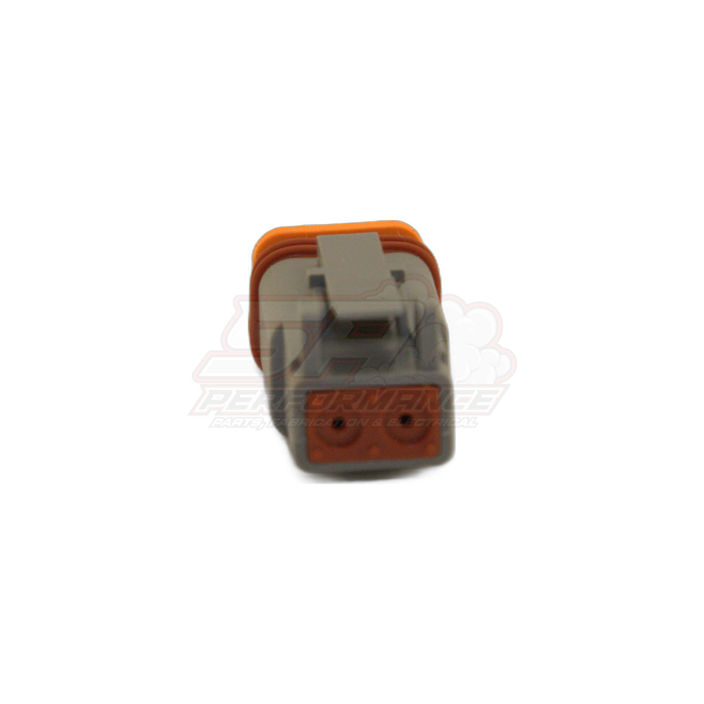 Front view of Deutsch DT06-2S 2-pin male housing showing grey body with orange seal and terminal cavity openings