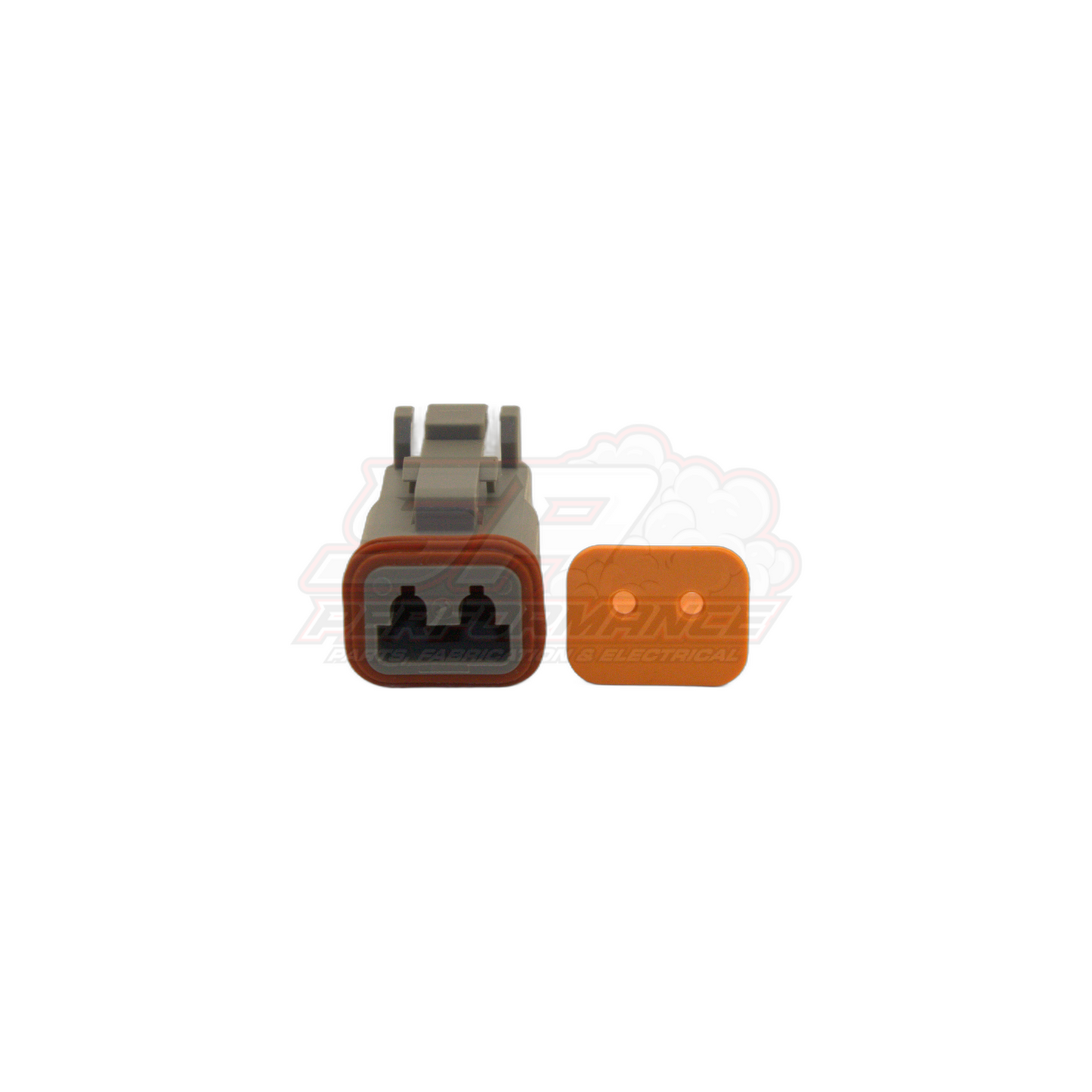 Grey Deutsch DT 2-pin male housing with orange seal alongside matching female connector housing showing two terminal cavities