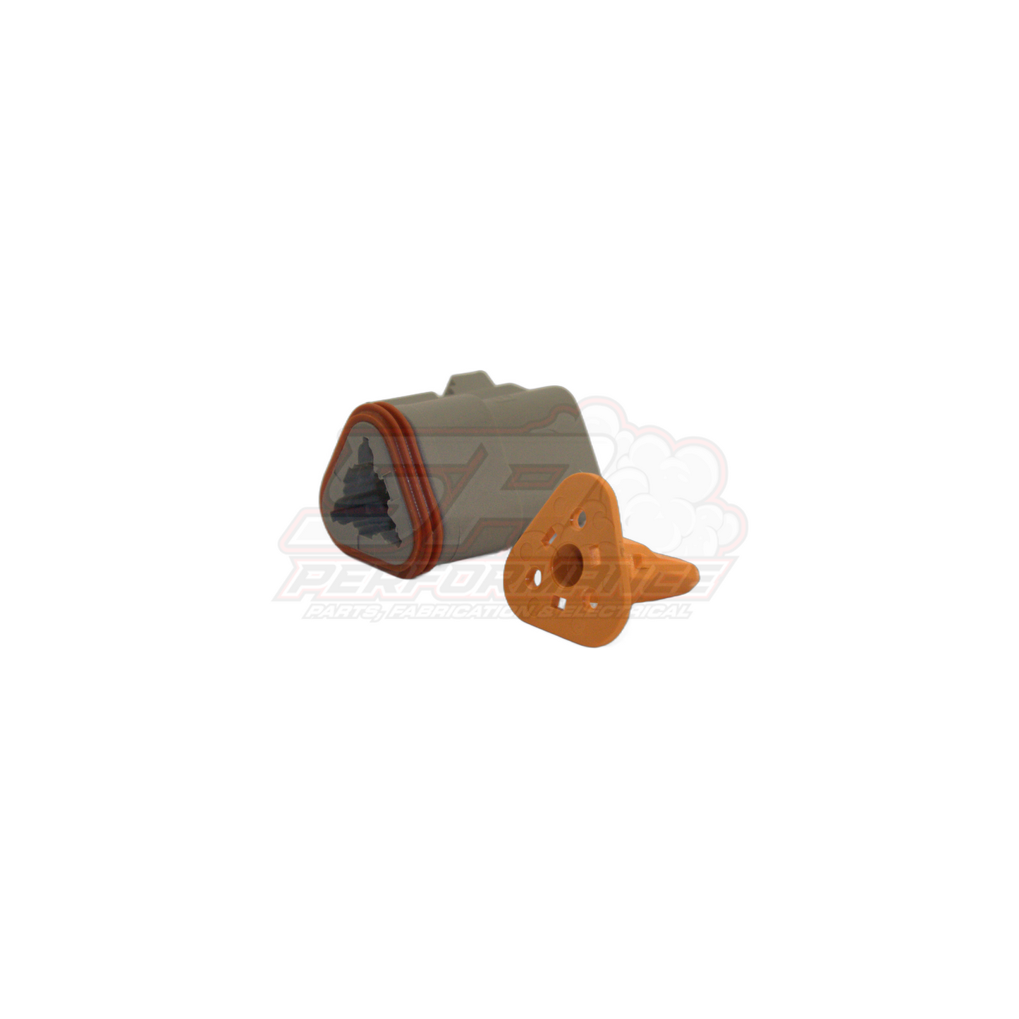 Grey DT06-3S 3-pin male Deutsch housing with red seal and orange wedge lock shown separated in angled view