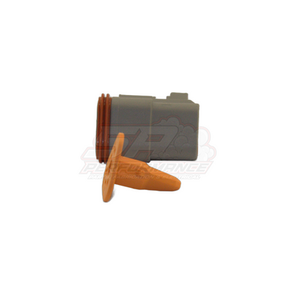 Grey Deutsch DT06-3S 3-pin male housing side view with orange silicone seal rings and wedge lock displayed separately