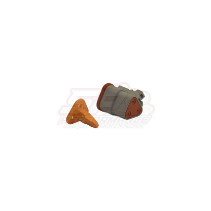 Deutsch DT 3-pin male housing in grey with orange wedge lock and matching orange seals separated on white background