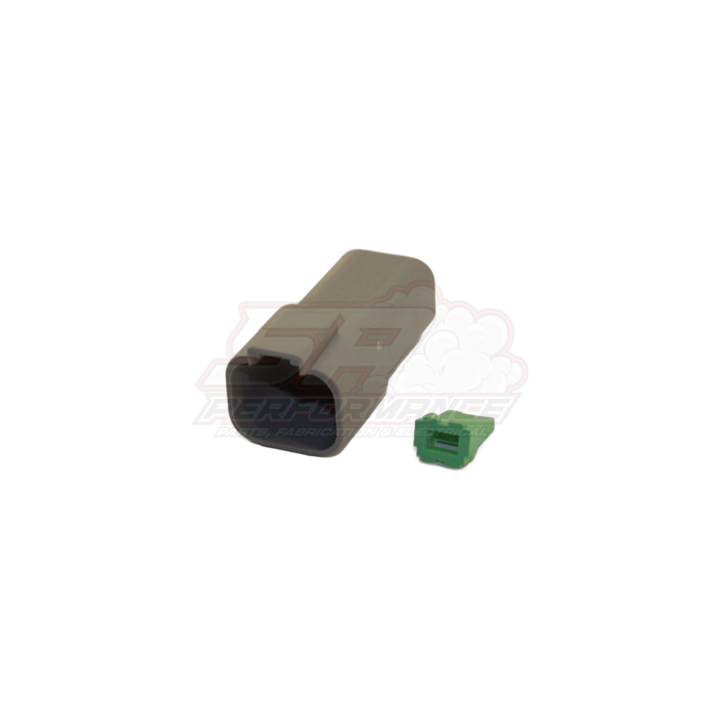 Grey Deutsch DT 4-pin male housing with black wedge lock alongside green solid band terminal 16–14 AWG