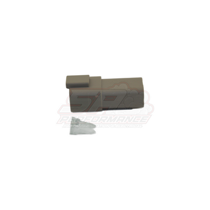 Grey Deutsch DT04-4P 4-pin female connector housing side view showing moulded locking tabs with included wedge lock component