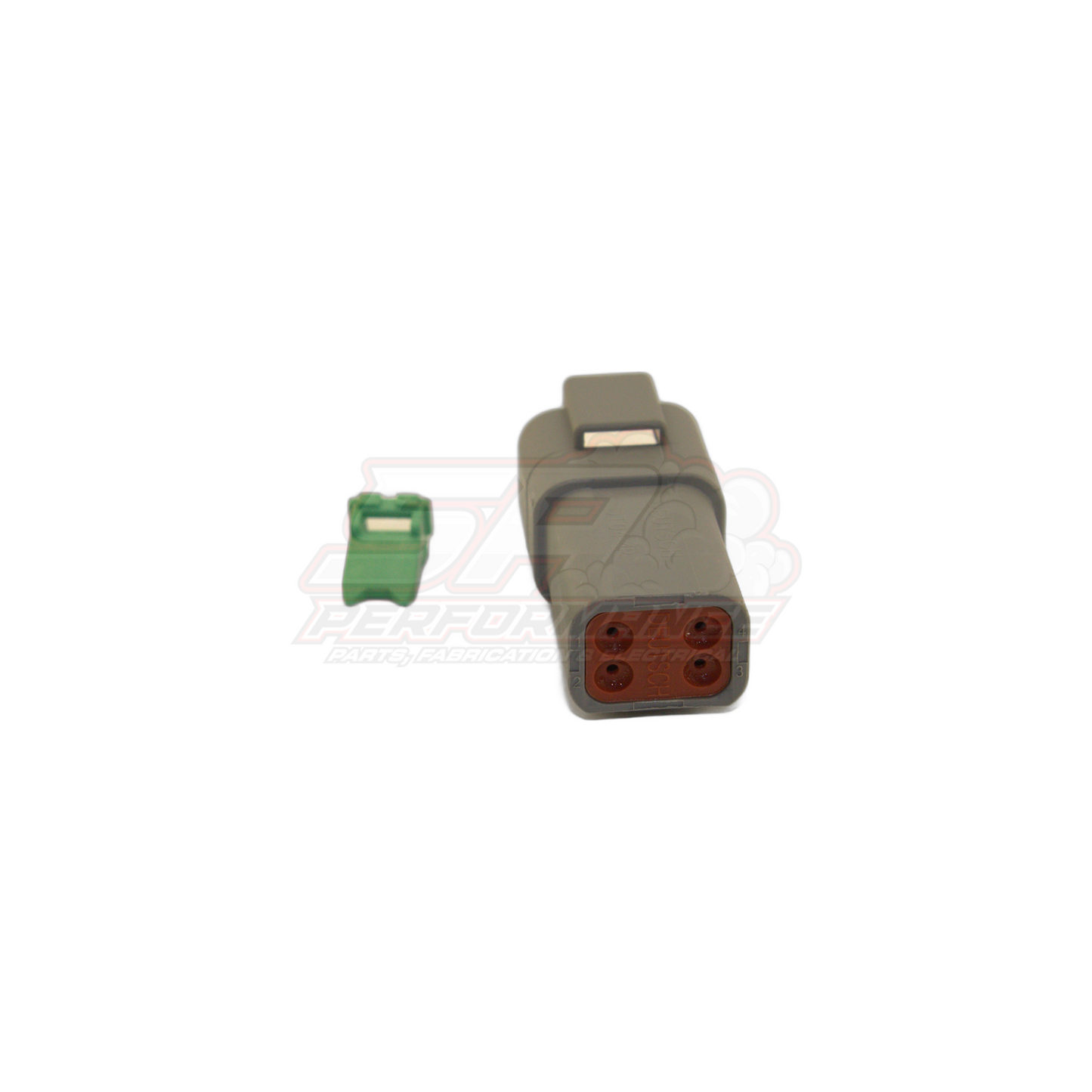 Grey Deutsch DT 4-pin male housing with orange four-socket seal and green band terminal shown separately