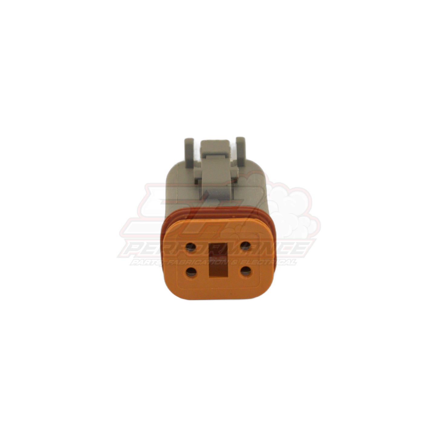 Front view of Deutsch DT04-4P female connector housing in grey with orange seal face showing four terminal cavities and central keyway