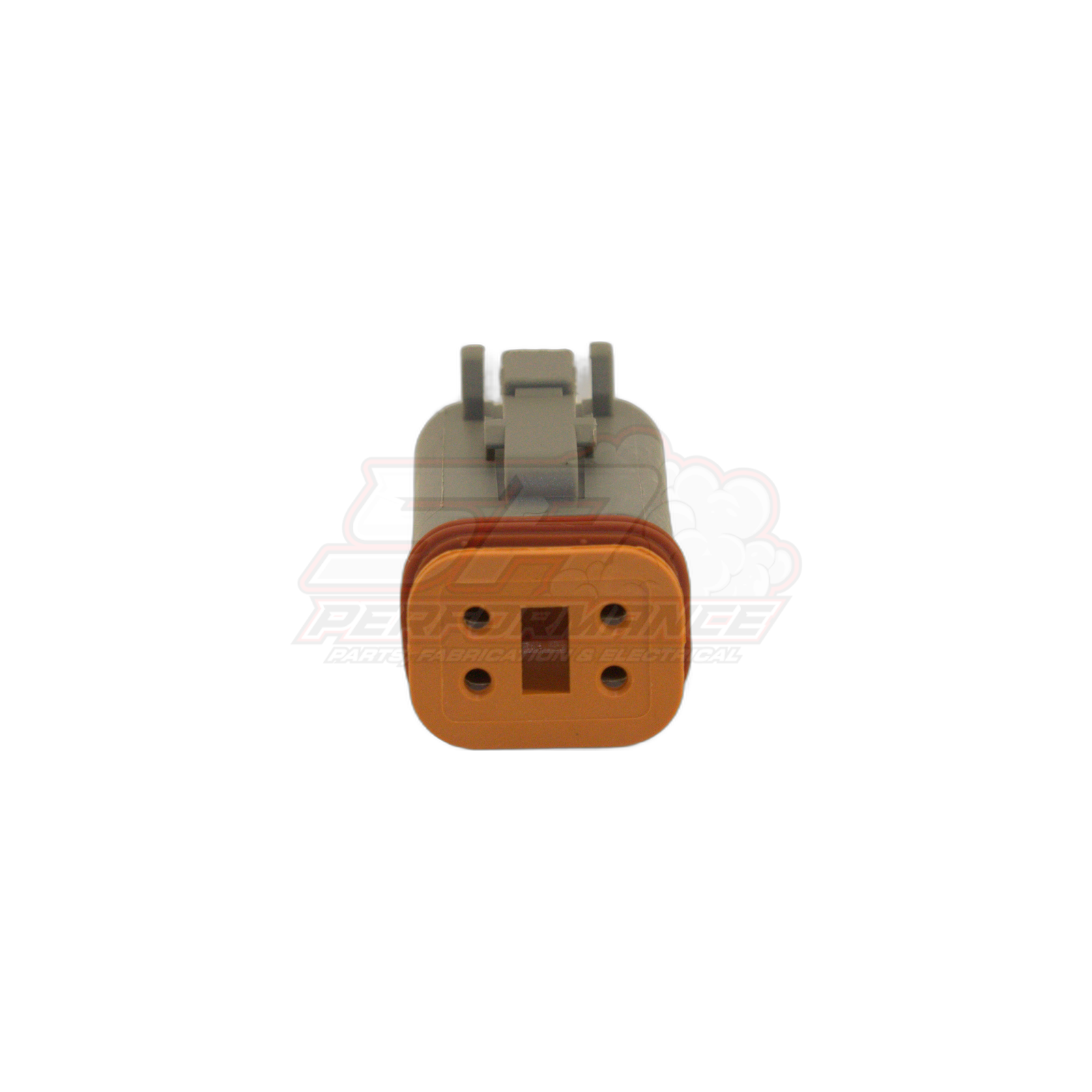 Front view of Deutsch DT04-4P female connector housing in grey with orange seal face showing four terminal cavities and central keyway