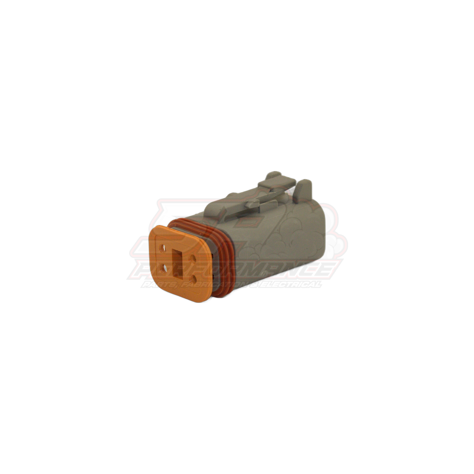 Deutsch DT06-4S 4 pin male housing angled view showing orange terminal face and grey locking tab with waterproof seals
